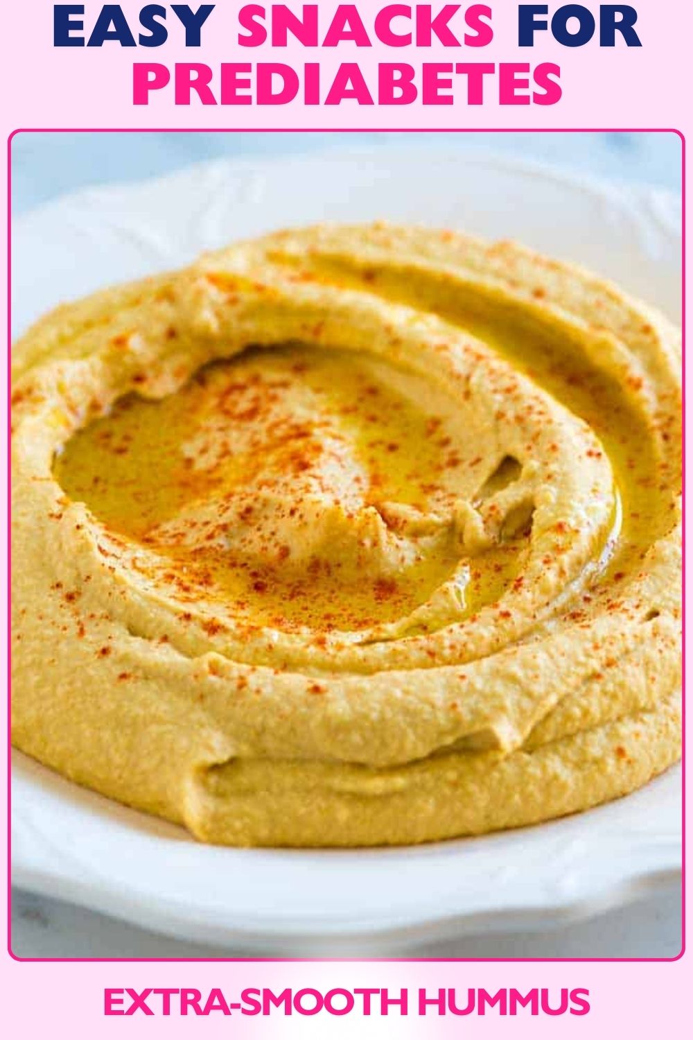 This silky hummus with tahini and lemon pairs well with veggies or crackers, creating smooth, delicious snacks for prediabetes that feel indulgent without guilt.
