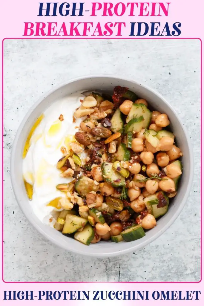 Mediterranean Greek yogurt bowl high-protein breakfast packed with chickpeas, cucumbers, and pistachios, delivering flavor and protein that supports weight control and muscle recovery.