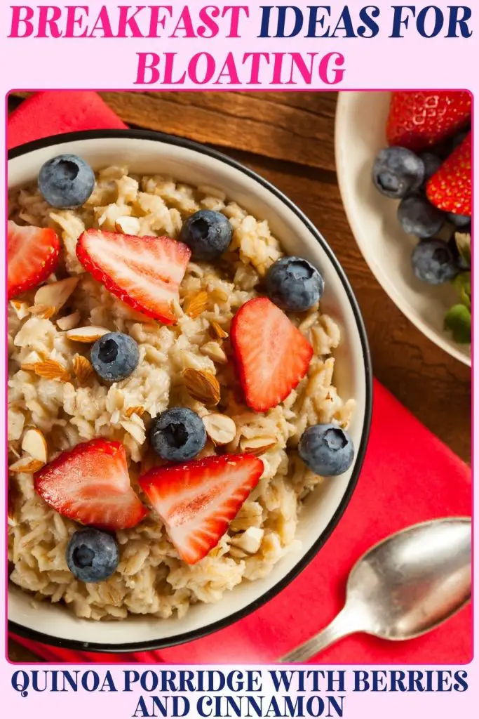 Quinoa Porridge with Berries photo highlights a warm bowl topped with blueberries and cinnamon. A comforting bloating breakfast packed with gut-friendly fiber and antioxidants.