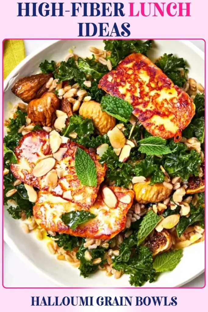Halloumi Grain Bowl with farro, kale, and figs. A nutritious high-fiber lunch idea that promotes gut health and constipation relief.