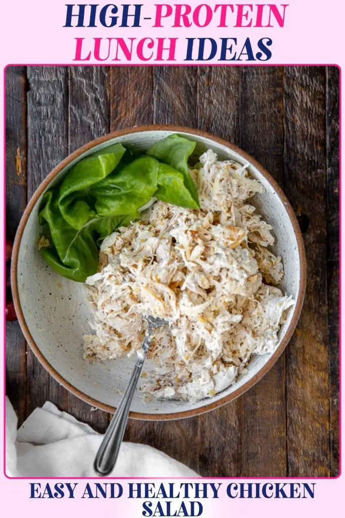 Easy chicken salad made with shredded chicken, light mayo, and seasoning, offering a high protein lunch recipe to keep you full for weight loss and muscle building.
