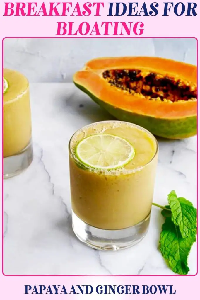 Papaya Ginger Smoothie image shows a glass filled with bright orange smoothie. This bloating breakfast blends papaya enzymes with ginger for light, refreshing gut support.