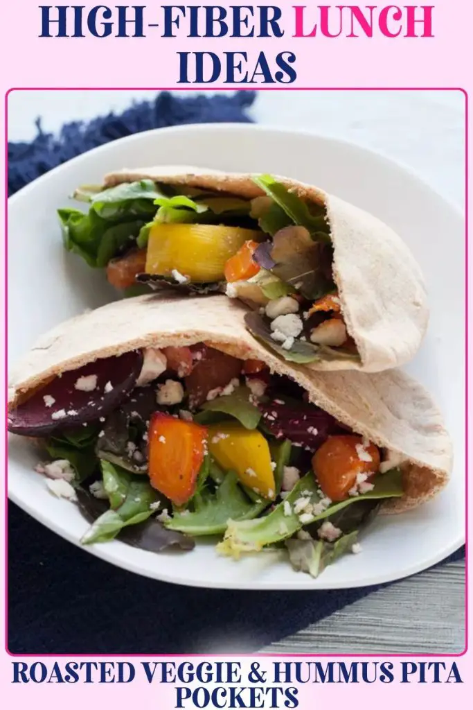 Roasted Veggie & Hummus Pita Pockets filled with fiber-rich vegetables and hummus. A healthy lunch option supporting gut health and natural constipation relief.