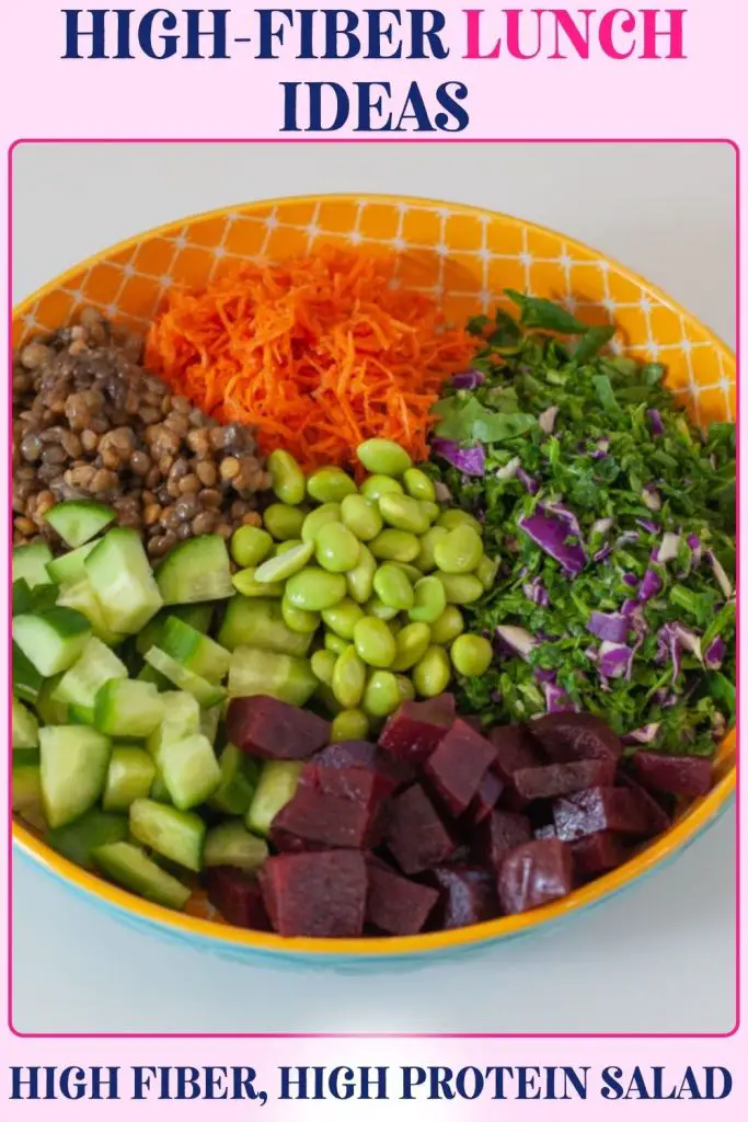 High-Fiber High-Protein Salad with spinach, cabbage, beets, and seeds. A colorful gut-friendly lunch that aids digestion and prevents constipation.