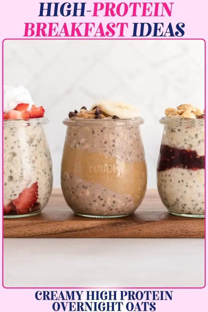 Overnight oats high-protein breakfast with yogurt, protein powder, and chia seeds, providing slow-release energy, muscle support, and appetite control for weight-conscious eaters.