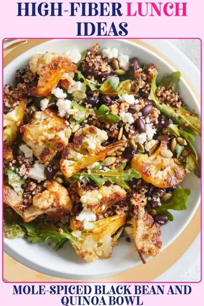 Mole-Spiced Black Bean & Quinoa Bowl combining quinoa, black beans, and arugula. A high-fiber lunch idea that promotes gut health and constipation relief.