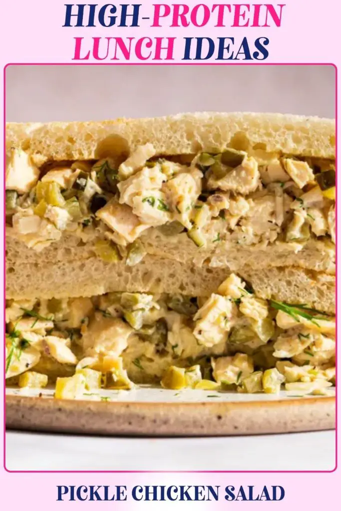 Pickle chicken salad with shredded chicken, mayo, and chopped pickles, making a tangy high protein lunch recipe that helps muscle recovery and weight control.