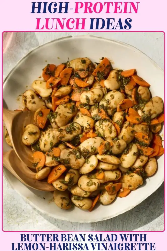 Butter bean salad with lemon-harissa dressing and herbs, a plant-based high protein lunch recipe that works for maintaining weight loss and lean muscle strength.